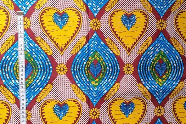 YELLOW BLUE HEART Waxprint Stoff